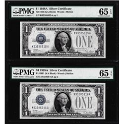 (2) Consecutive 1928A $1 Funnyback Silver Certificate Notes Fr.1601 PMG Gem Uncirculated 65EPQ