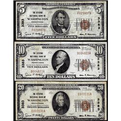 Lot of 1929 $5/10/20 Citizens NB Washington, PA CH# 3383 National Currency Notes