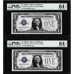 Lot of (2) Consecutive 1928A $1 Funnyback Silver Certificate Notes Fr.1601 PMG Choice Uncirculated 6