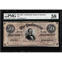 1864 $50 Confederate States of America Note T-66 PMG Choice About Uncirculated 58