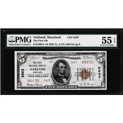 1929 $5 First NB of Oakland, MD CH# 5623 National Note PMG About Uncirculated 55EPQ