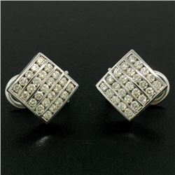 14K White Gold 1.50 ctw 50 Round Diamond Square Multi Channel Omega Back Earring