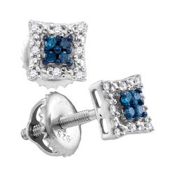 Sterling Silver Round Blue Color Enhanced Diamond Square Cluster Screwback Earrings 1/10 Cttw