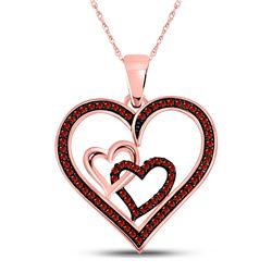 10kt Rose Gold Round Red Color Enhanced Diamond Heart Pendant 1/4 Cttw