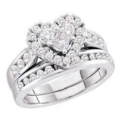 14kt White Gold Princess Round Diamond Heart Bridal Wedding Engagement Ring Band Set 1.00 Cttw