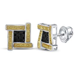 Sterling Silver Mens Round Yellow Black Color Enhanced Diamond Cluster Earrings 1/6 Cttw