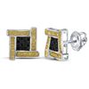 Image 1 : Sterling Silver Mens Round Yellow Black Color Enhanced Diamond Cluster Earrings 1/6 Cttw