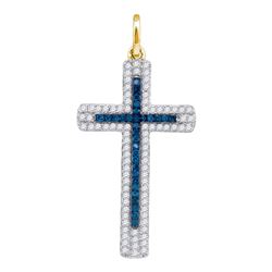 10kt Yellow Gold Round Blue Color Enhanced Diamond Roman Cross Pendant 1/4 Cttw