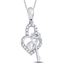 10kt White Gold Round Diamond Heart Lock Key Dangle Pendant 1/10 Cttw