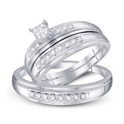 10kt White Gold His & Hers Round Diamond Square Cluster Matching Bridal Wedding Ring Band Set 1/5 Ct