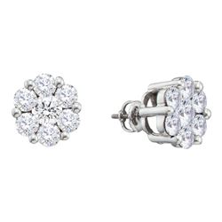 14kt White Gold Round Diamond Flower Cluster Earrings 2.00 Cttw