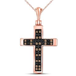 10kt Rose Gold Round Brown Diamond Cross Faith Pendant 1/8 Cttw