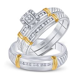 10kt Two-tone Gold His Hers Round Diamond Cluster Matching Bridal Wedding Ring Band Set 1/10 Cttw