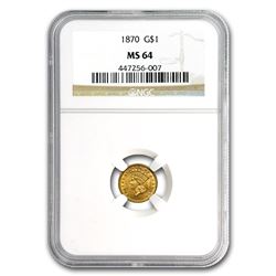 1870 $1 Indian Head Gold MS-64 NGC