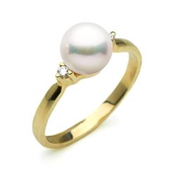 White Akoya Pearl and 2-Diamond Sweetheart Ring, 7.0-7.5mm, 14K Gold