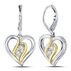 Sterling Silver Round Diamond Heart Leverback Dangle Earrings 1/20 Cttw