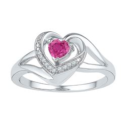 Sterling Silver Round Lab-Created Pink Sapphire Diamond Heart Ring 3/8 Cttw