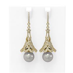 4.33 ctw Diamond & Pearl Earrings 18K Yellow Gold