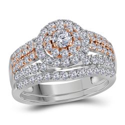 14kt White Gold Round Diamond Double Halo Rose-tone Bridal Wedding Engagement Ring Band Set 1-1/2 Ct
