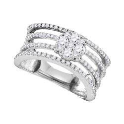 10kt White Gold Round Diamond Four Row Flower Cluster Ring 1.00 Cttw
