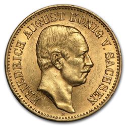 1905-1914 Germany Gold 20 Mark Saxony Friedrich August Avg Circ
