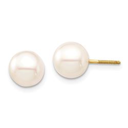 14k Yellow Gold White Round Pearl Screwback Earrings - 7-8 mm