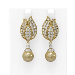 4.77 ctw Diamond Golden Pearl Earrings 18K Yellow Gold