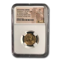 Byzantine Gold Solidus Emperor Anastasius I (491-518 AD) MS NGC