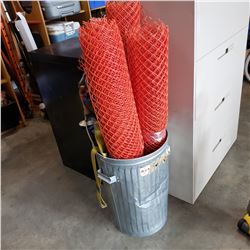 ALUMINUM GARBAGE CAN W/ ORANGE FENCING AND FALL ARREST HARNESS