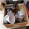 Image 2 : CRATE AND 2 BOXES OF GLASSES, DISHES, SERVING PIECES