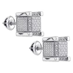 Sterling Silver Mens Round Diamond 3D Square Cluster Stud Earrings 1/5 Cttw