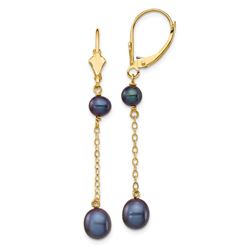 14k Yellow Gold Black Rice Pearl Leverback Earrings - 5-7 mm