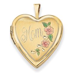14k Yellow Gold Enamel Flowers Mom Heart Locket - 24 mm
