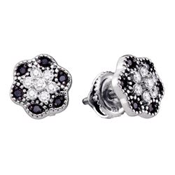 10k White Gold Black Color Enhanced Diamond Flower Cluster Stud Earrings 1/3 Cttw