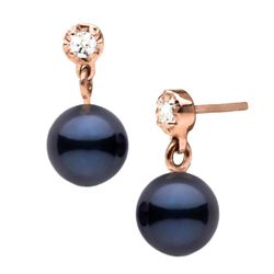 Black Akoya Pearl and Dainty Diamond Dangle Earrings, 6.5-7.0mm