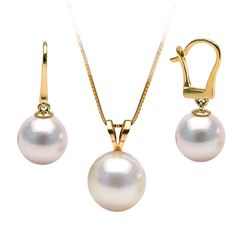 White Akoya Pearl Solitaire Pendant and Dangle Earring Set