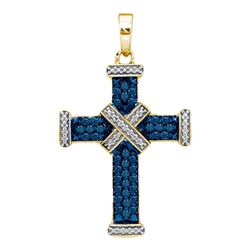 Yellow-tone Sterling Silver Round Blue Color Enhanced Diamond Cross Religious Pendant 1/4 Cttw