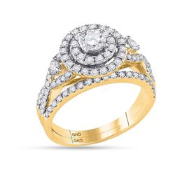 14kt Yellow Gold Round Diamond Halo Bridal Wedding Engagement Ring Band Set 1-1/2 Cttw