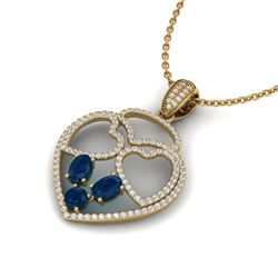 3 ctw Sapphire & Micro Pave Designer Heart Necklace 14k Yellow Gold