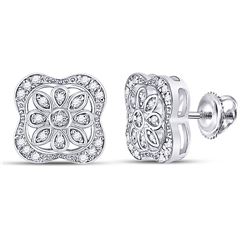 Sterling Silver Round Diamond Flower Fashion Earrings 1/8 Cttw