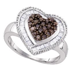 Sterling Silver Round Brown Diamond Heart Cluster Ring 3/4 Cttw