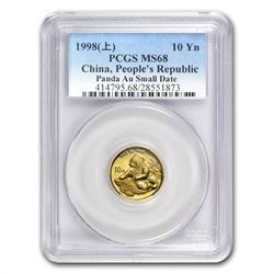 1998 China 1/10 oz Gold Panda Small Date MS-68 PCGS