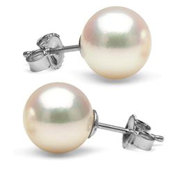 White Hanadama Japanese Akoya Pearl Earrings, 9.0-9.5mm