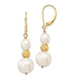 14k Yellow Gold White Pearl D/C Bead Leverback Earrings - 6-10 mm