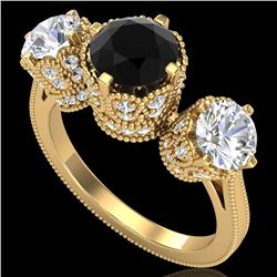 3.06 ctw Fancy Black Diamond Art Deco 3 Stone Ring 18k Yellow Gold