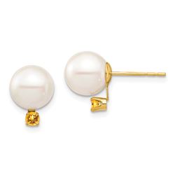 14k Yellow Gold White Pearl Citrine Post Earrings - 8-8.5 mm
