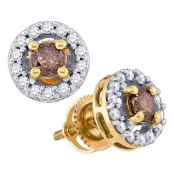 10k Yellow Gold Brown Round Diamond Screwback Stud Earrings 3/4 Cttw