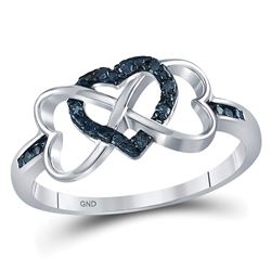 Sterling Silver Round Color Enhanced Blue Diamond Triple Heart Infinity Ring 1/10 Cttw