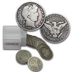 90% Silver Barber Halves $10 20-Coin Roll VG+