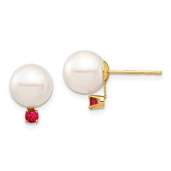 14k Yellow Gold White Pearl Ruby Post Earrings - 8-8.5 mm